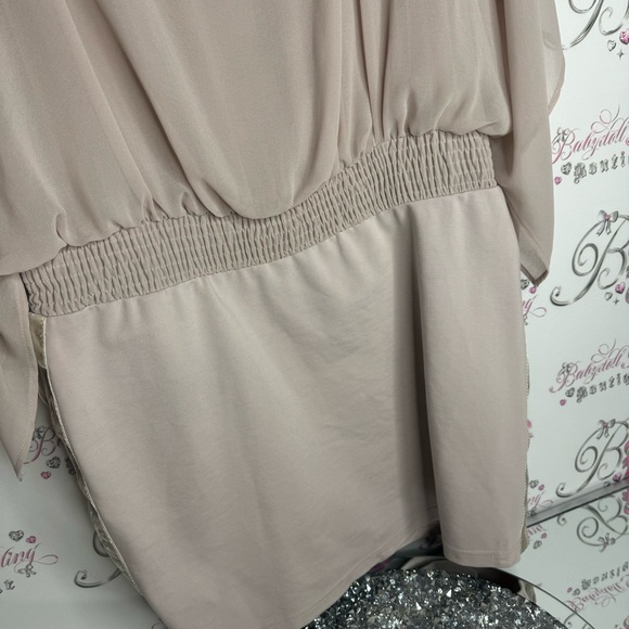 Cream dress bat wing open shoulder cold shoulder sparkly sequin tan flowy luxe - Picture 7 of 11